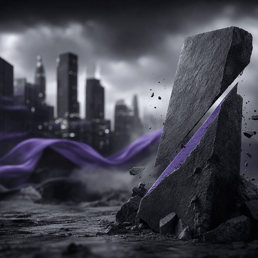 A monolith split open along a violet seam, a city skyline behind it