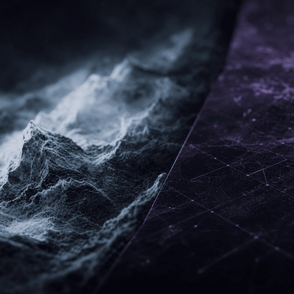 Real terrain dissolving into a violet network mesh